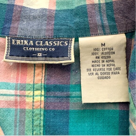 Erika Classics Button Up Collared Vest Top Sz M 100% Cotton Pastel Plaid 15P - Picture 5 of 6